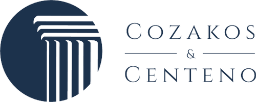 Cozakos and Centeno : Logo of cozakos & centeno featuring a stylized pillar graphic in dark blue with company name in matching colors.