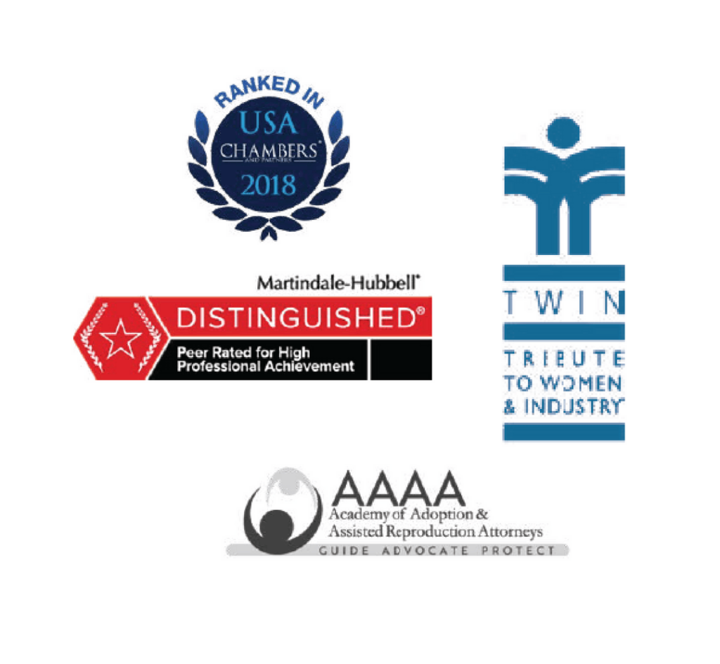 Cozakos and Centeno : Collage of various professional and industry-related logos, including chambers 2018 rank, martindale-hubbell peer review, and twin women in industry symbols.
